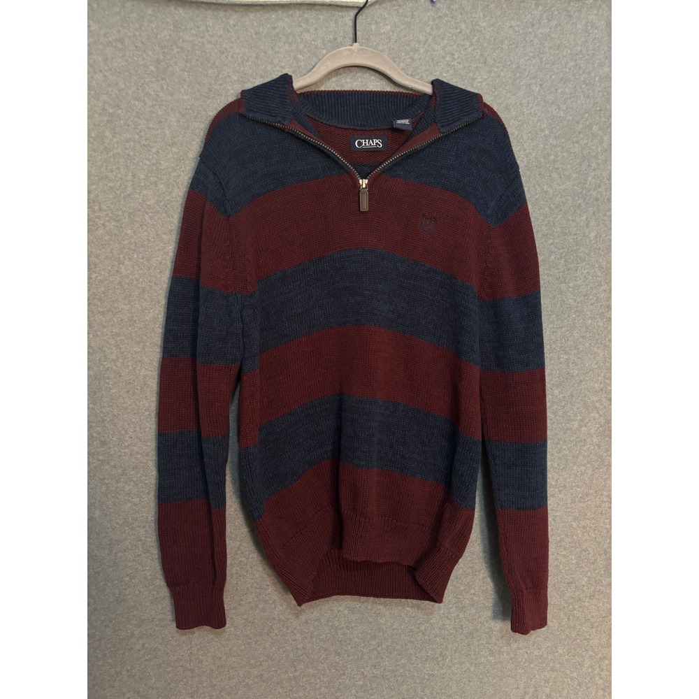 Chaps Quarter Zip Sweater Men's Medium Striped Cotton Pullover Preppy